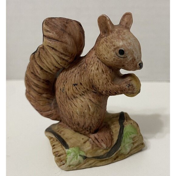 Vintage Bisque Porcelain Mini Squirrel On Log Trinket Decor - Picture 1 of 4